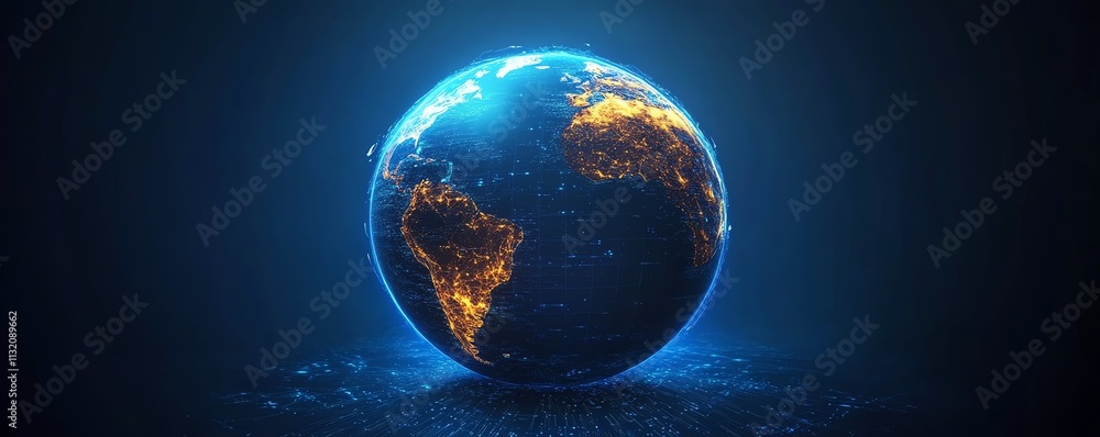 Poster futuristic digital globe with glowing data streams and connections, representing technological growt