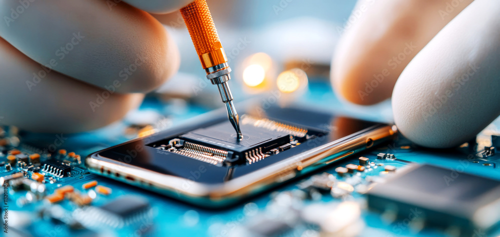 Poster technician installing battery replacement in smartphone repair workshop high-tech environment close-