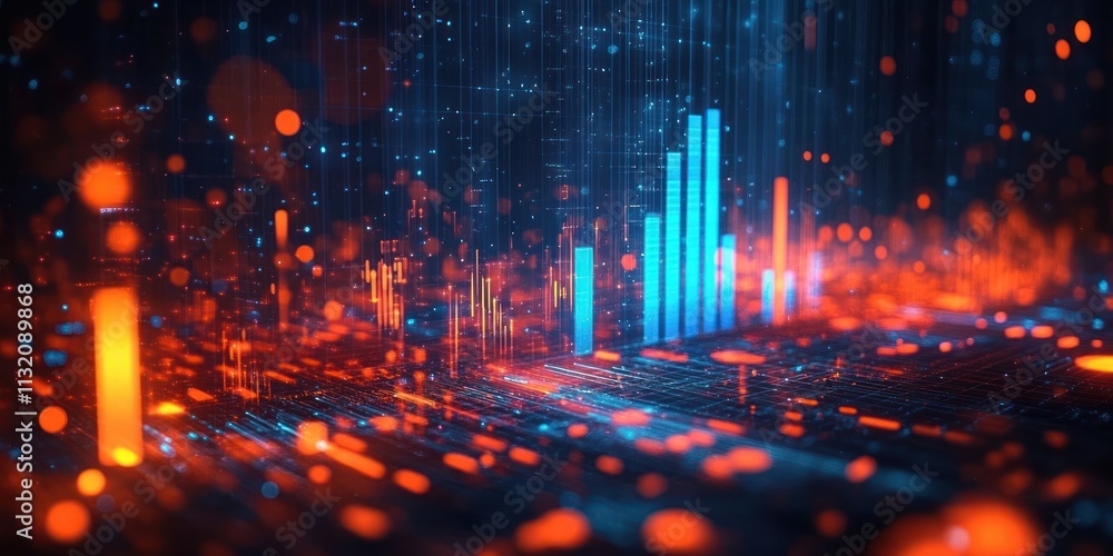 Poster futuristic digital data visualization background with blue and orange graphs for statistics finance 