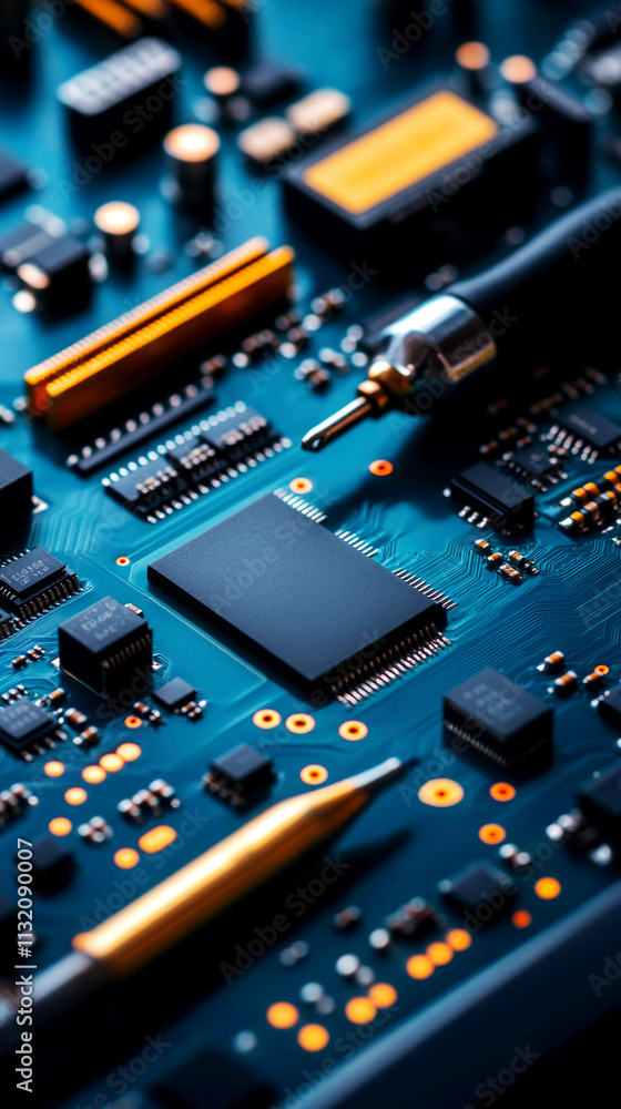 Poster professional technician installing battery replacement on circuit board high-tech workshop close-up 