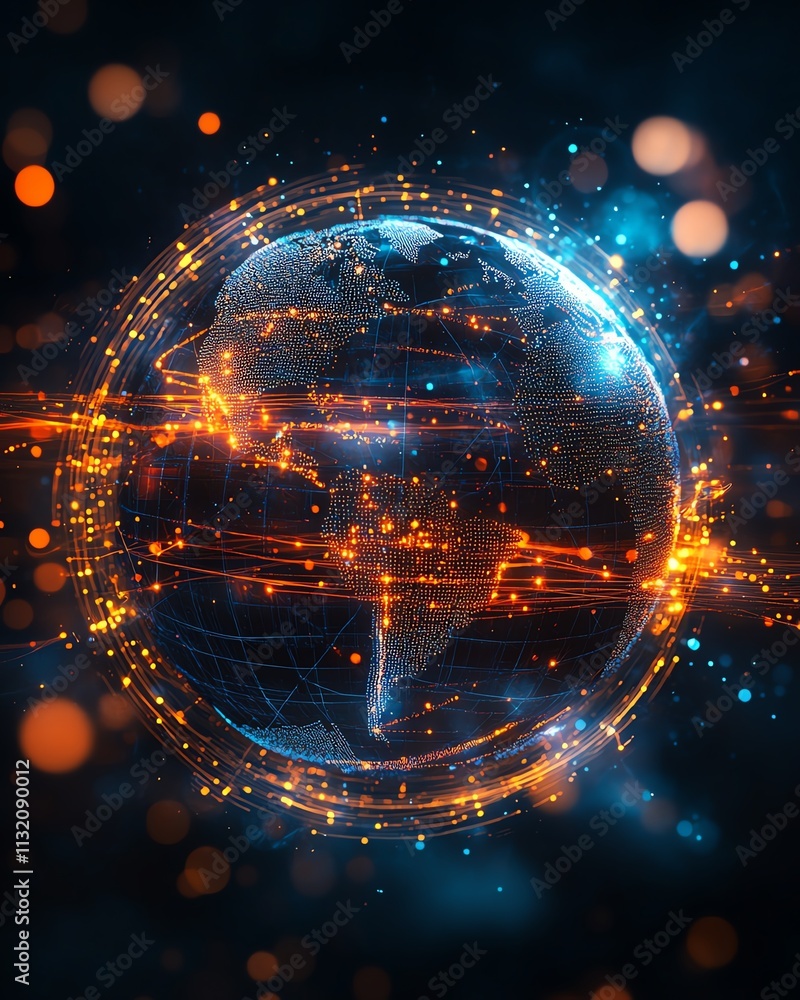 Poster glowing digital globe with vibrant data streams and connections, symbolizing technological advanceme