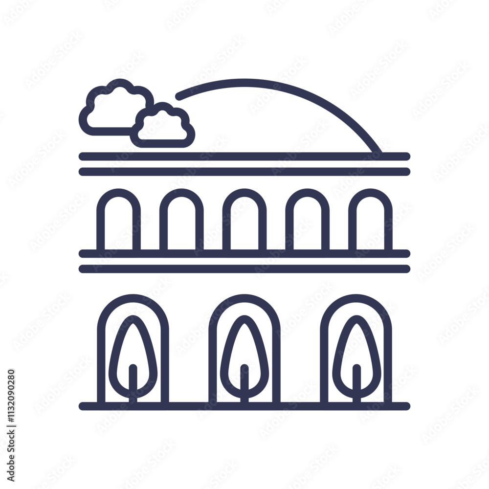 Poster line art of a building with arches and trees, symbolizing sustainable infrastructure and innovation.