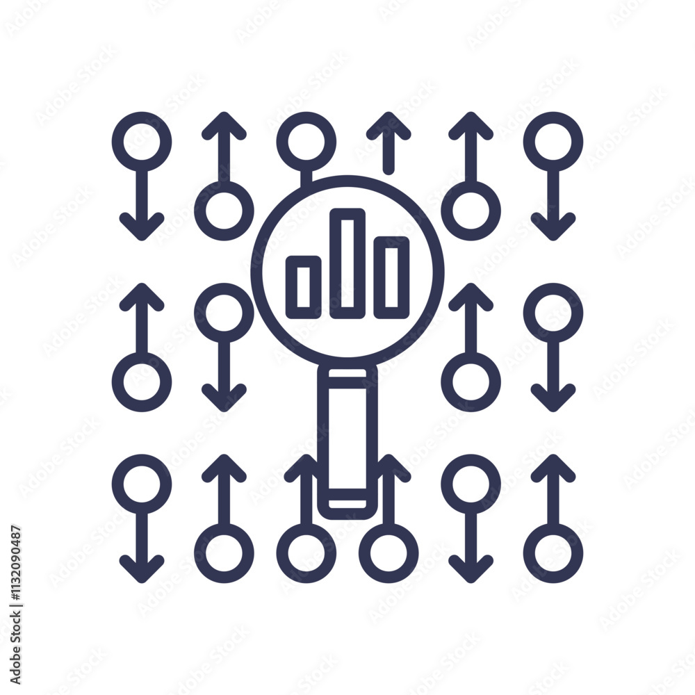 Aufkleber magnifying glass with bar chart among arrows symbolizes analytical skills and data analysis.