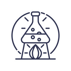 A lab flask with bubbles and a flame symbolizes experimentation and testing.