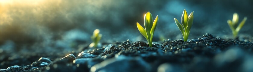New green sprouts emerging from rich soil, symbolizing new beginnings and natural growth, calm, peaceful environment with gentle light