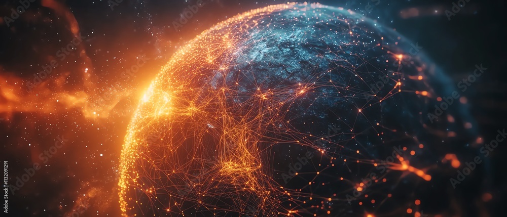 Poster representation of a digital globe with glowing connections and data streams, symbolizing technologic