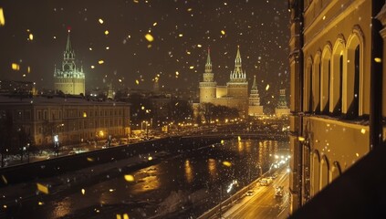 Obraz premium Night snow falling over illuminated city skyline with river and ancient towers.