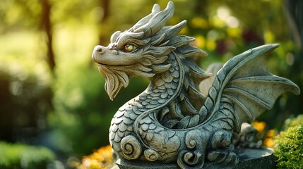 Fototapeta premium Stone Dragon Statue in a Garden: Mythical Creature Sculpture