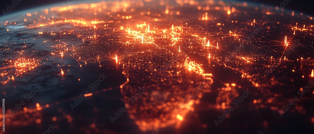 Poster representation of a digital globe with glowing connections and data streams, symbolizing technologic