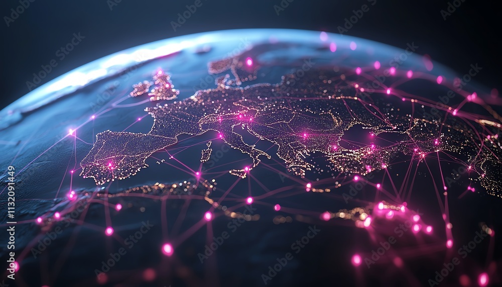 Poster representation of a digital globe with glowing connections and data streams, symbolizing technologic