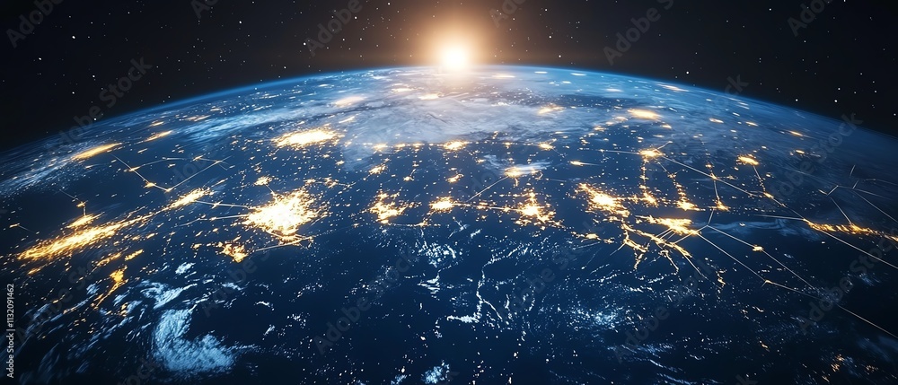 Poster representation of a digital globe with glowing connections and data streams, symbolizing technologic
