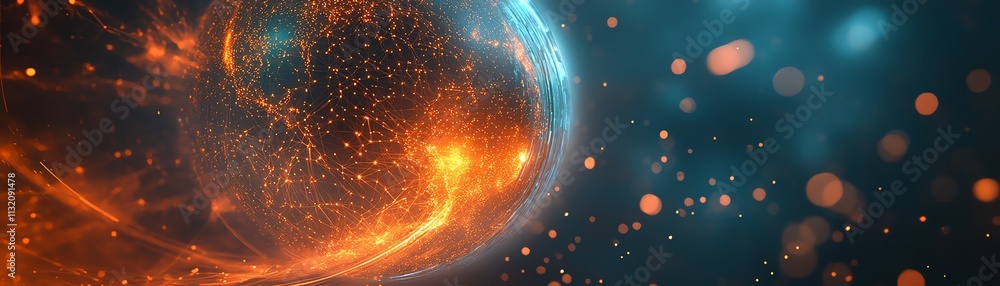 Poster representation of a glowing digital globe with flowing data streams and connections, showcasing tech