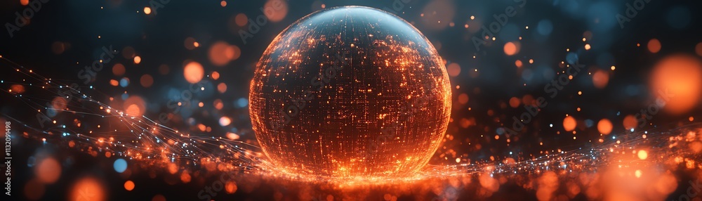 Poster representation of a glowing digital globe with flowing data streams and connections, showcasing tech