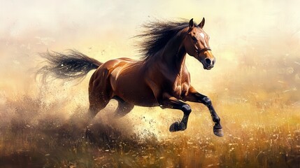 a horse races through a meadow, mane and tail flying as it kicks up dust, each detail as vivid as the landscape around it