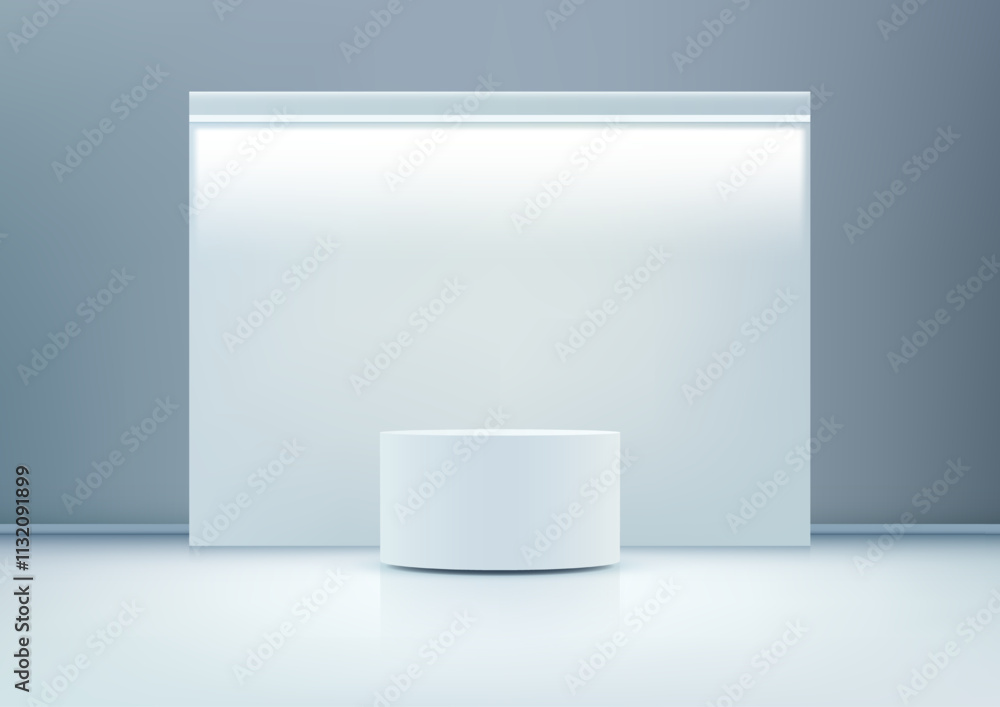 Poster modern 3d white podium on minimalist stage with soft glowing light for product display and showcasin