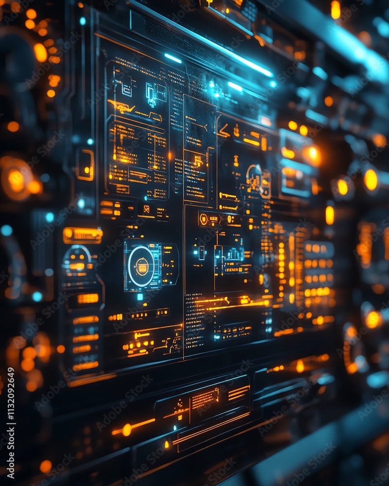 Poster advanced digital control panel with interactive icons, showcasing technology in a futuristic industr