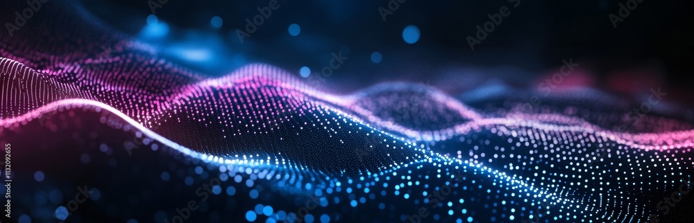 Poster Abstract glowing particle wave background with blue and pink hues.