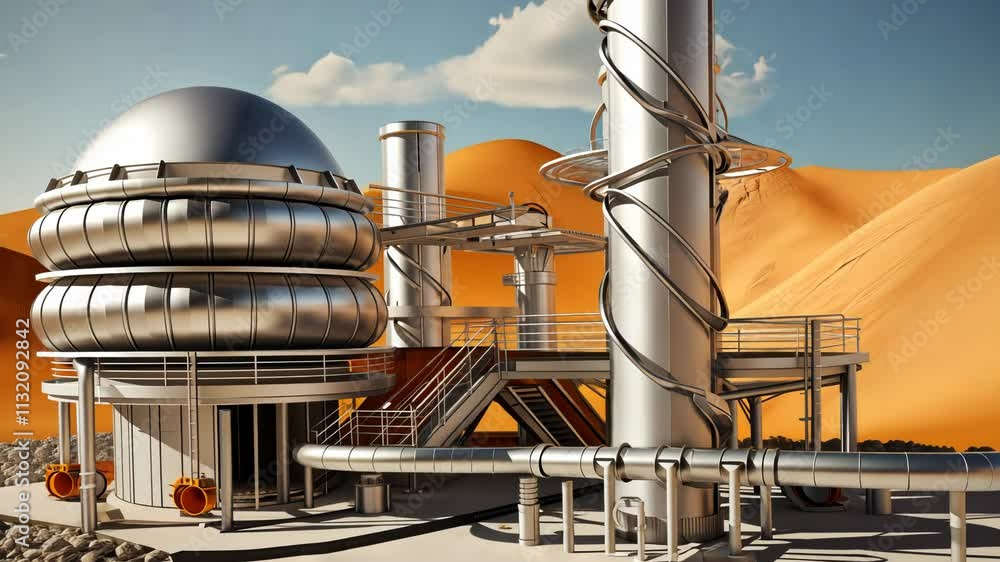 Poster retro futuristic architecture in sci-fi scene on the desert planet. alien landscape with nostalgic r