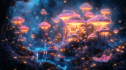 Obraz premium Enchanted Glowing Mushroom Forest: A Fantasy Landscape of Luminescent Fungi and Magical Waterfalls