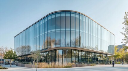 Obraz premium Office building with a striking glass capturing reflections of the sky and nearby structures