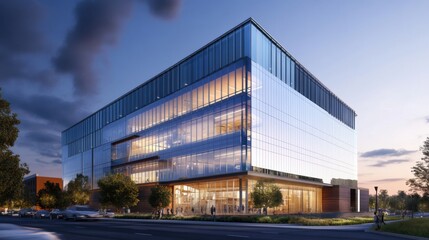 Office building with a striking glass capturing reflections of the sky and nearby structures