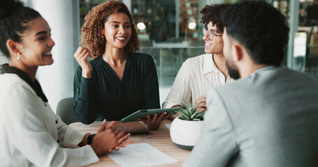 Meeting, planning and tablet with business people in boardroom of office together for conversation....