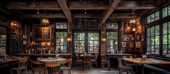 Fototapeta premium Rustic pub interior with wooden beams, tables, chairs, and vintage decor.