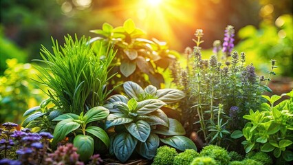 Fototapeta premium Sunlight illuminating a vibrant collection of green foliage and delicate purple blossoms, a tapestry of life flourishing in a tranquil garden setting.