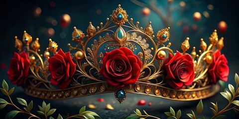 A golden crown adorned with delicate floral embellishments and three vibrant roses, symbolizing power and beauty.
