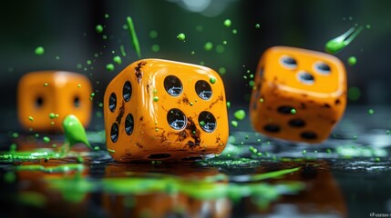 Three orange dice with black dots, splashed with green paint, mid-air.