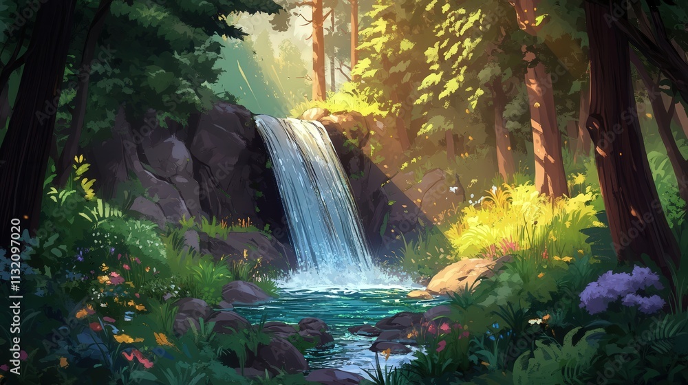 Poster in the middle of the forest, a small waterfall spills into a bubbling stream, creating a serene and 