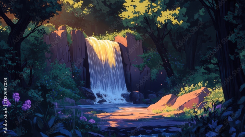 Poster in the middle of the forest, a small waterfall spills into a bubbling stream, creating a serene and 