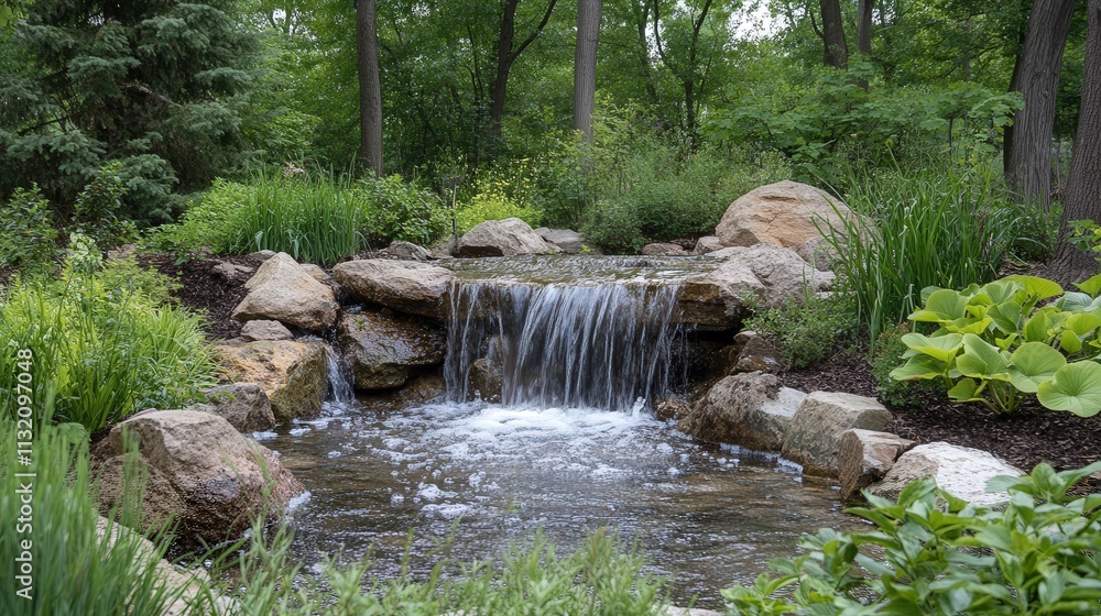Poster in the middle of the forest, a small waterfall spills into a bubbling stream, creating a serene and 