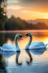 Fototapeta premium beautiful white swan in heart shape on lake in flare light