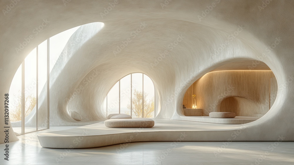 Aufkleber minimalist architectural interior with curved lines and soft natural light 3d render