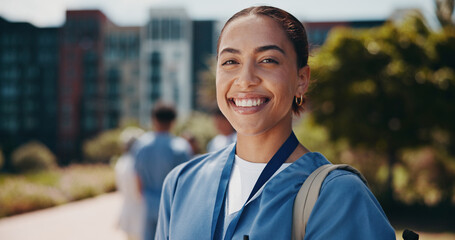 Portrait, doctor or woman in medicine outdoor for health training program, healthcare study or...