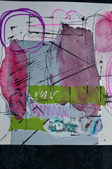 Obraz premium Abstract creative art collage, chaotic strokes, blots, spots and lines of paint on paper, modern print pattern background
