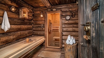 Obraz premium Rustic Sauna Interior with Wooden Walls and Benches