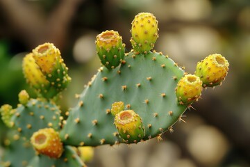 Close-up of a cactus with yellow fruit and spines.