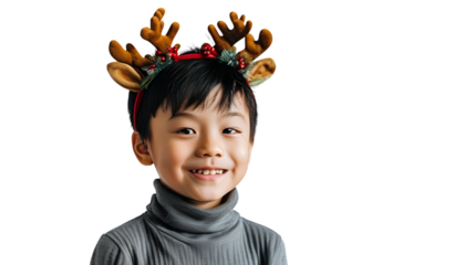 Adorable Boy in Festive Reindeer Antlers Headband, Christmas Cheer Portrait