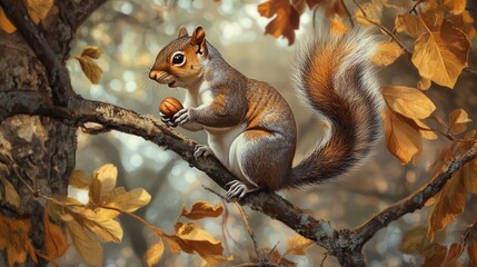 Fototapeta premium On a tall branch, a squirrel sits, its bushy tail flicking as it takes a cautious bite from a nut, hidden among the leaves