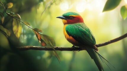 Obraz premium Perched delicately on a branch, a colorful bird with hues of green, red, and yellow looks out over the forest.