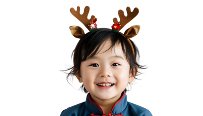 Adorable Child Wearing Reindeer Antlers Headband Smiling Joyfully Christmas Festive Cheer