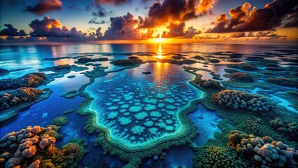 Obraz premium Bioluminescent ocean scene: stunning aerial photography captures edge-lit coral reefs, a vibrant underwater light show.