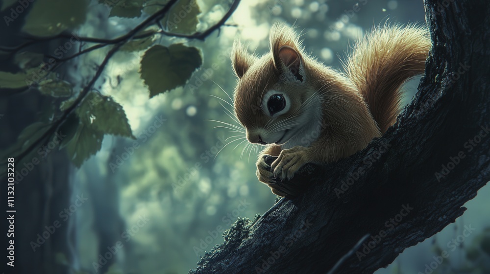 Poster resting on a tree branch, a squirrel gazes out over the forest, its whiskers twitching as it listens