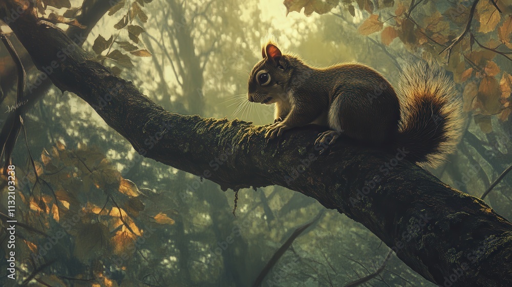 Poster resting on a tree branch, a squirrel gazes out over the forest, its whiskers twitching as it listens