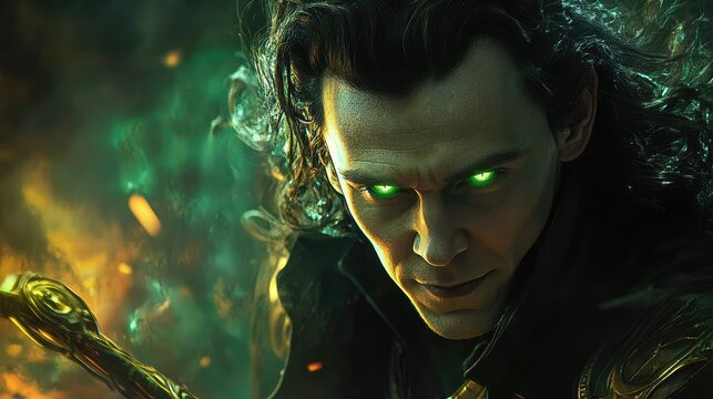 A close-up of Loki with glowing green eyes, holding his scepter, as mystical energy crackles around him