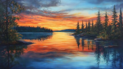 Fototapeta premium The colors of the evening sky turn from warm oranges to cool blues as the sun sets over the lake