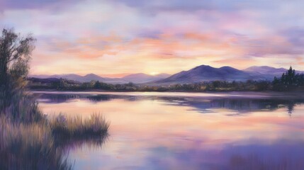 The evening sky casts a warm glow over the lake, reflecting soft pinks and purples on the calm water