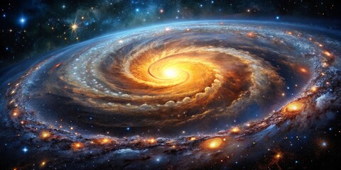 A celestial spiral of golden light and cosmic dust, with a vibrant core radiating warmth and energy against a backdrop of distant stars.